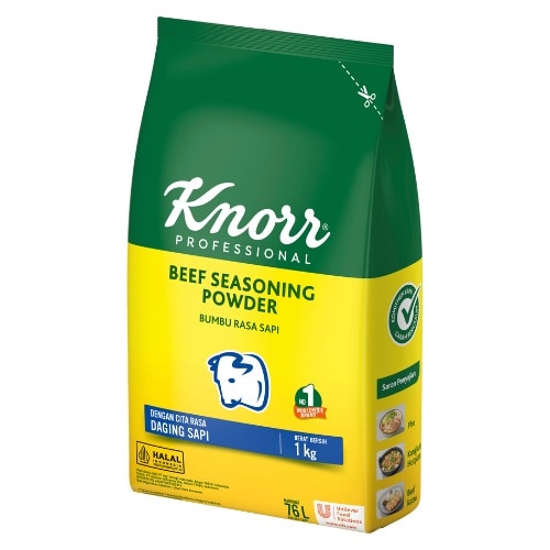 Knorr Bumbu Rasa Sapi 1kg - Knorr Beef Powder, dengan ekstrak daging sapi, menghasilkan kaldu sapi dengan rasa dan aroma daging yang mantap dalam waktu yang singkat! Cocok digunakan untuk berbagai jenis aplikasi